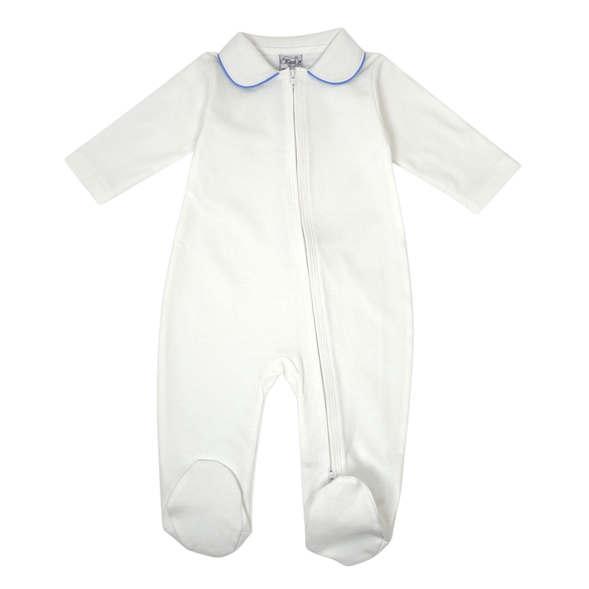 White-Baby-Pima-Footie-2-way-zipper-Blue-Lined-Collar-BFWHPPC-BL
