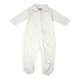 White-Baby-Pima-Footie-2-way-zipper-Pink-Lined-Collar-BFWHPPC-PL