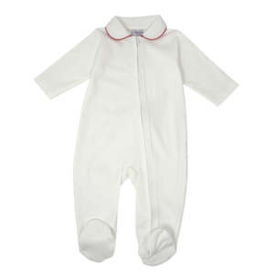 White-Baby-Pima-Footie-2-way-zipper-Red-Lined-Collar-BFWHPPC-RL