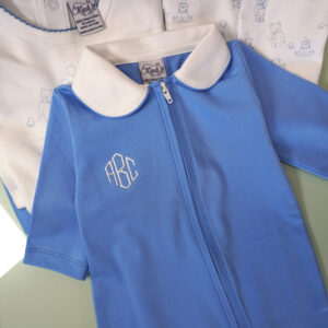 Blue Pima Cotton Baby Footie with White Collar & 2-Way Zipper