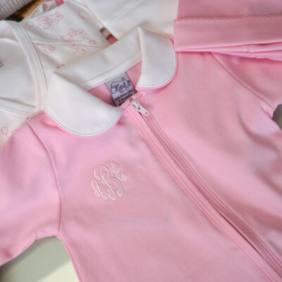 Pink Pima Cotton Baby Footie with White Collar & 2-Way Zipper