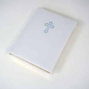 Pique fabric wrapped Catholic Bible with baby blue clover cross