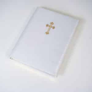 Shantung fabric wrapped Catholic Bible with gold ornate cross
