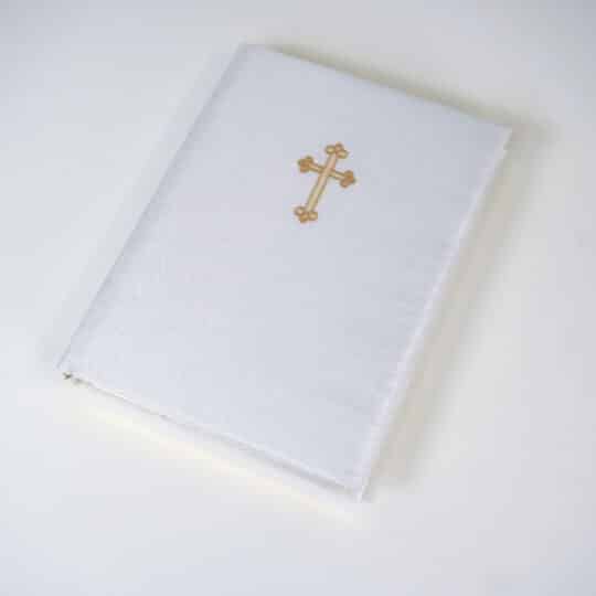 Shantung fabric wrapped Catholic Bible with gold ornate cross