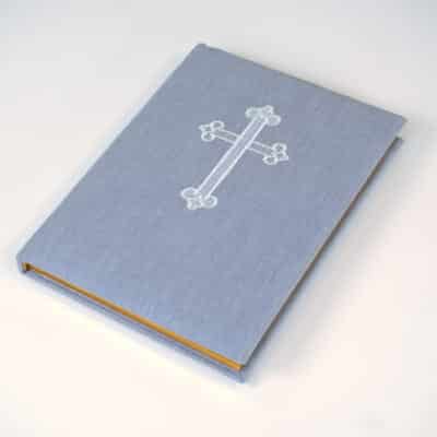 Blue Micro Stripe Cotton wrapped Catholic Bible with embroidered white ornate cross
