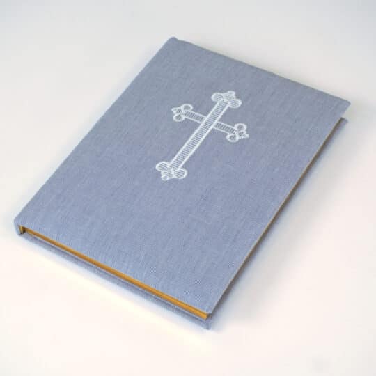 Blue Micro Stripe Cotton wrapped Catholic Bible with embroidered white ornate cross