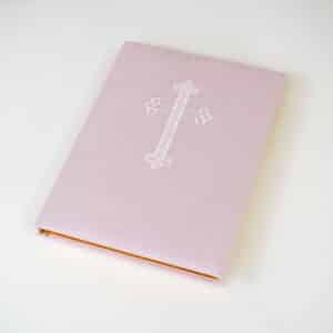 Pink Micro Stripe Cotton wrapped Catholic Bible with embroidered white ornate cross