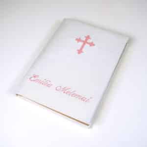 Shantung fabric wrapped Catholic Bible with baby pink fleur de lis cross