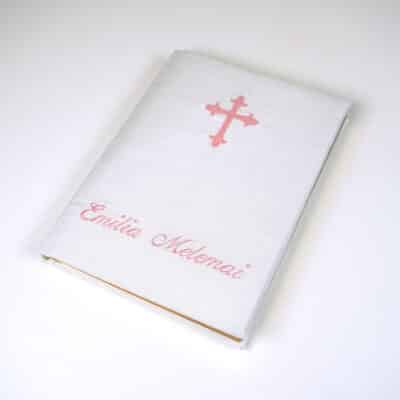 Shantung fabric wrapped Catholic Bible with baby pink fleur de lis cross