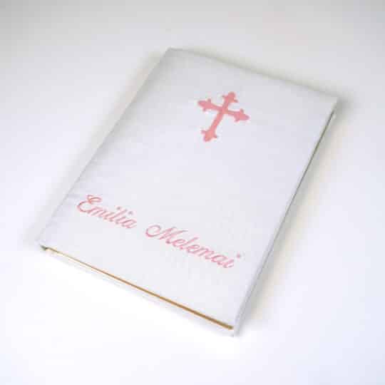 Shantung fabric wrapped Catholic Bible with baby pink fleur de lis cross
