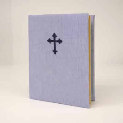Micro Stripe Cotton wrapped Catholic Bible with fleur de lis cross embroidery