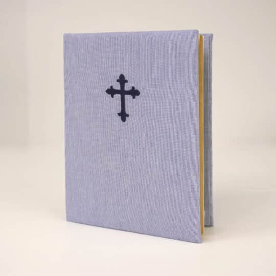 Micro Stripe Cotton wrapped Catholic Bible with fleur de lis cross embroidery